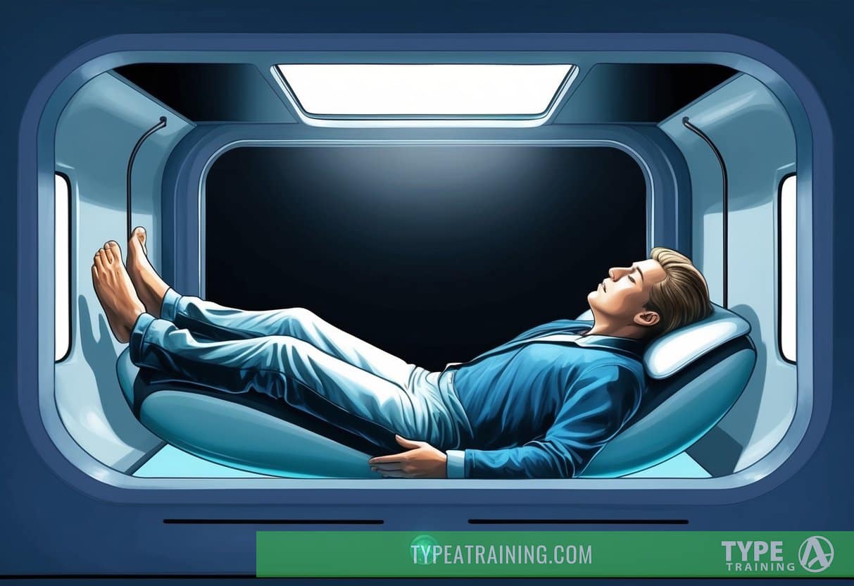 A person floating in a sensory deprivation tank, surrounded by darkness and silence, experiencing relaxation and stress relief