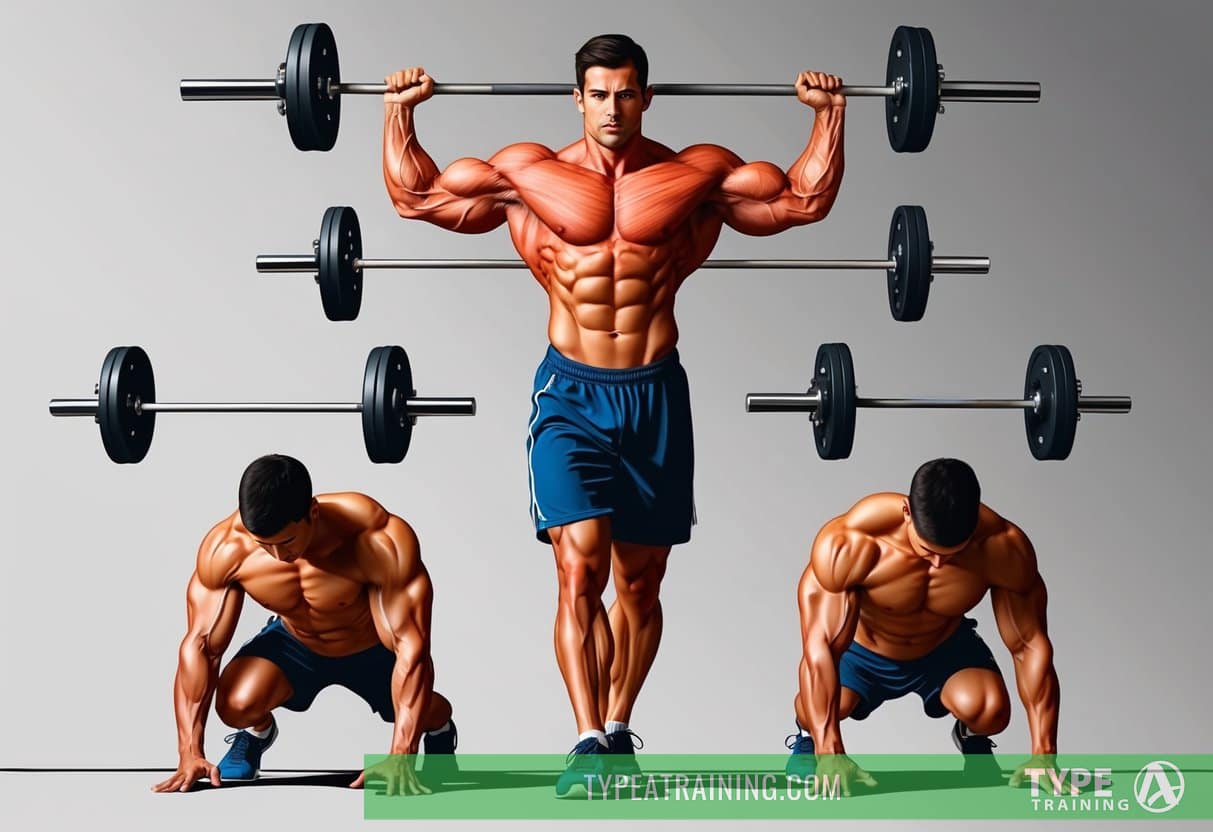A calisthenics practitioner with a muscular upper body performs various bodyweight exercises, while their lower body remains relatively small in comparison