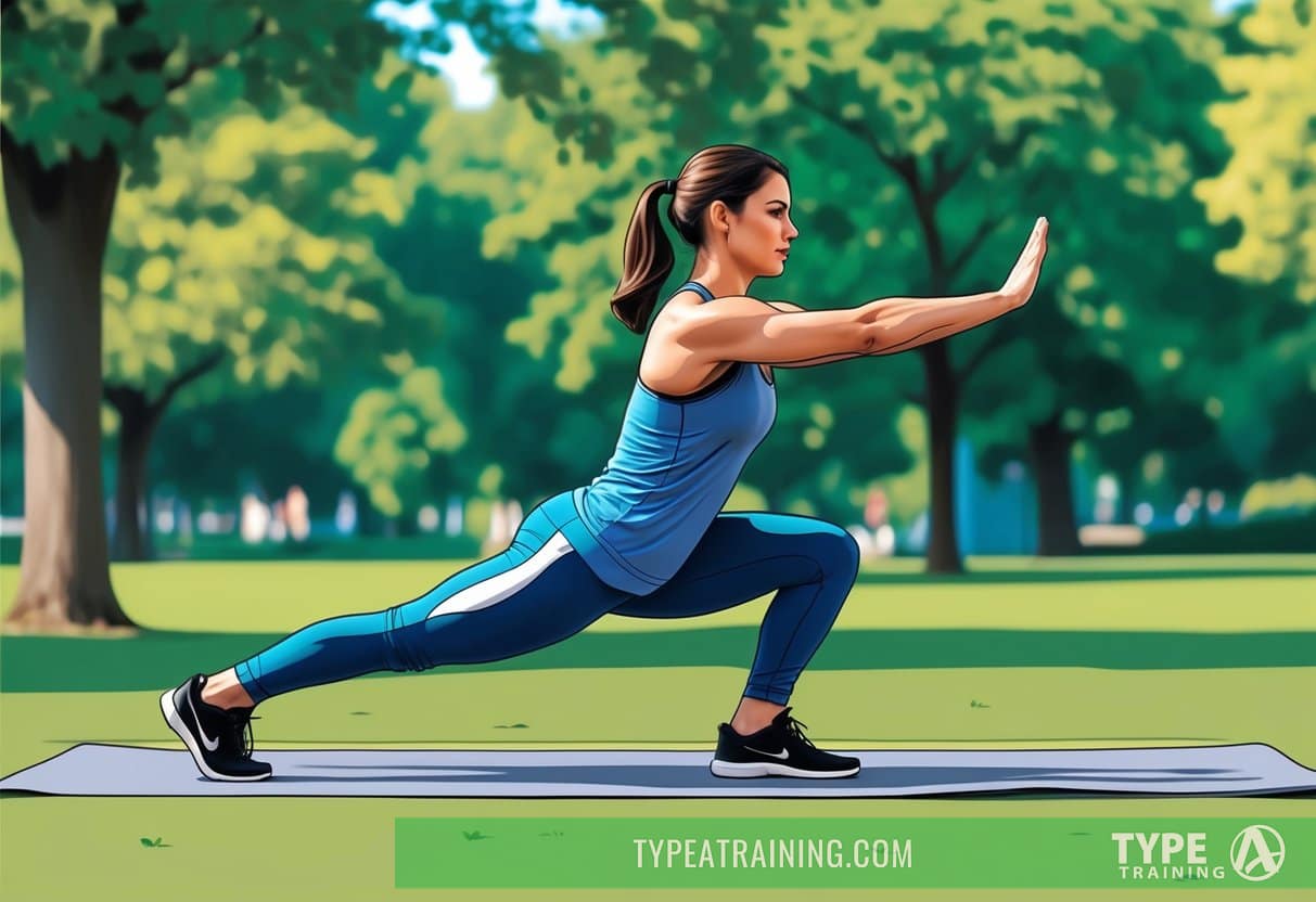 A calisthenics practitioner performing squats, lunges, and calf raises in a park, with a focus on their lower body muscles