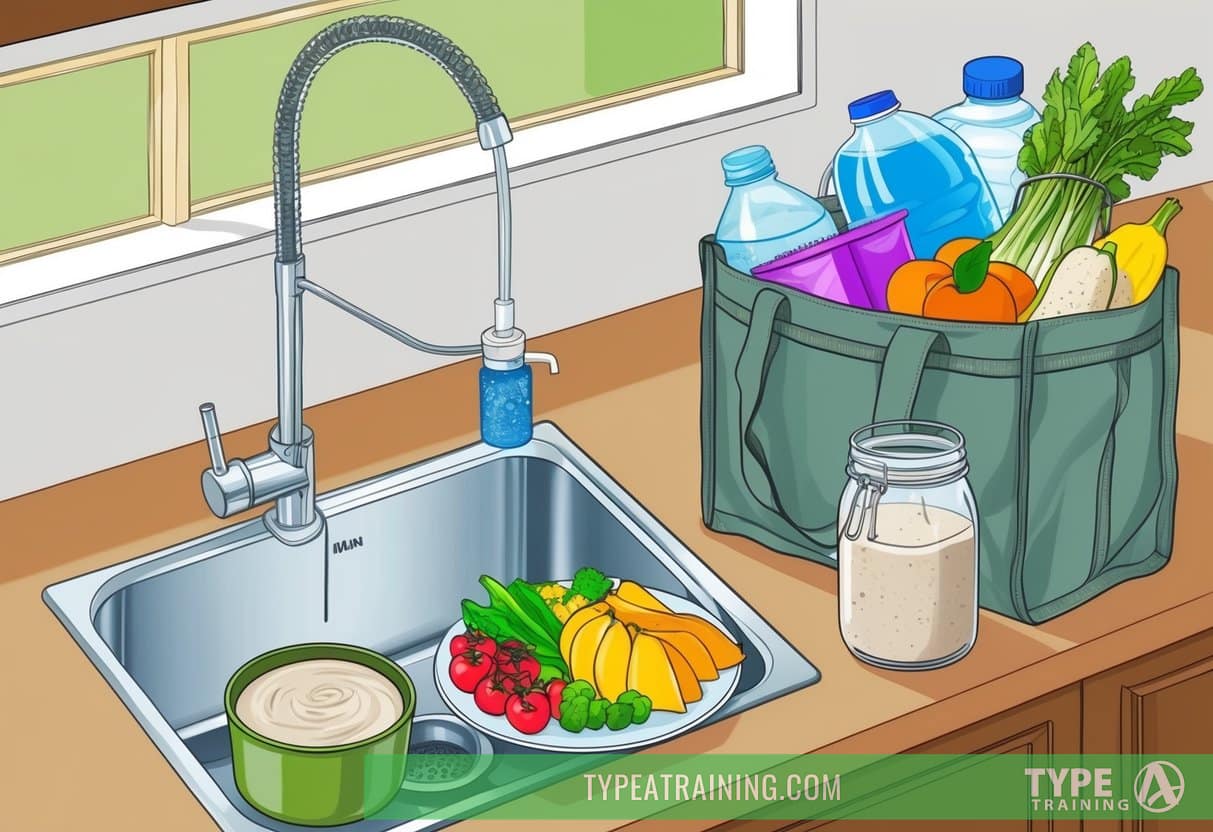 A kitchen sink with a water filter attached, a reusable water bottle, a plate of fresh fruits and vegetables, a glass jar of homemade nut milk, and a cloth grocery bag filled with bulk items