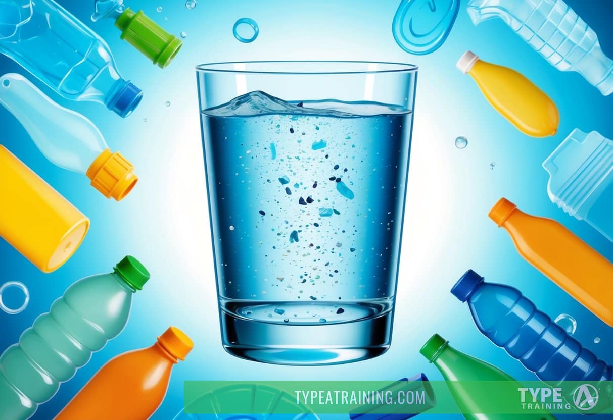 A clear glass of water with microplastic particles floating inside, surrounded by various sources of plastic pollution