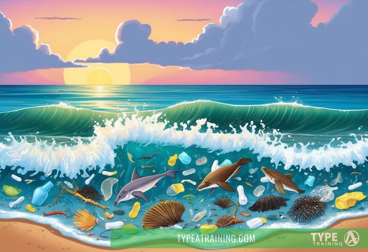 A serene beach at sunset, with waves washing up microplastic debris and sea creatures struggling amidst the pollution
