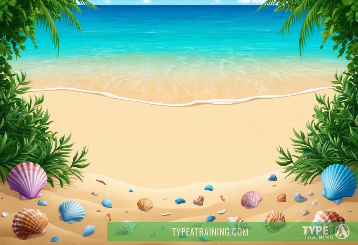 A serene beach with clear blue water and a sandy shore, scattered with colorful seashells and surrounded by lush greenery