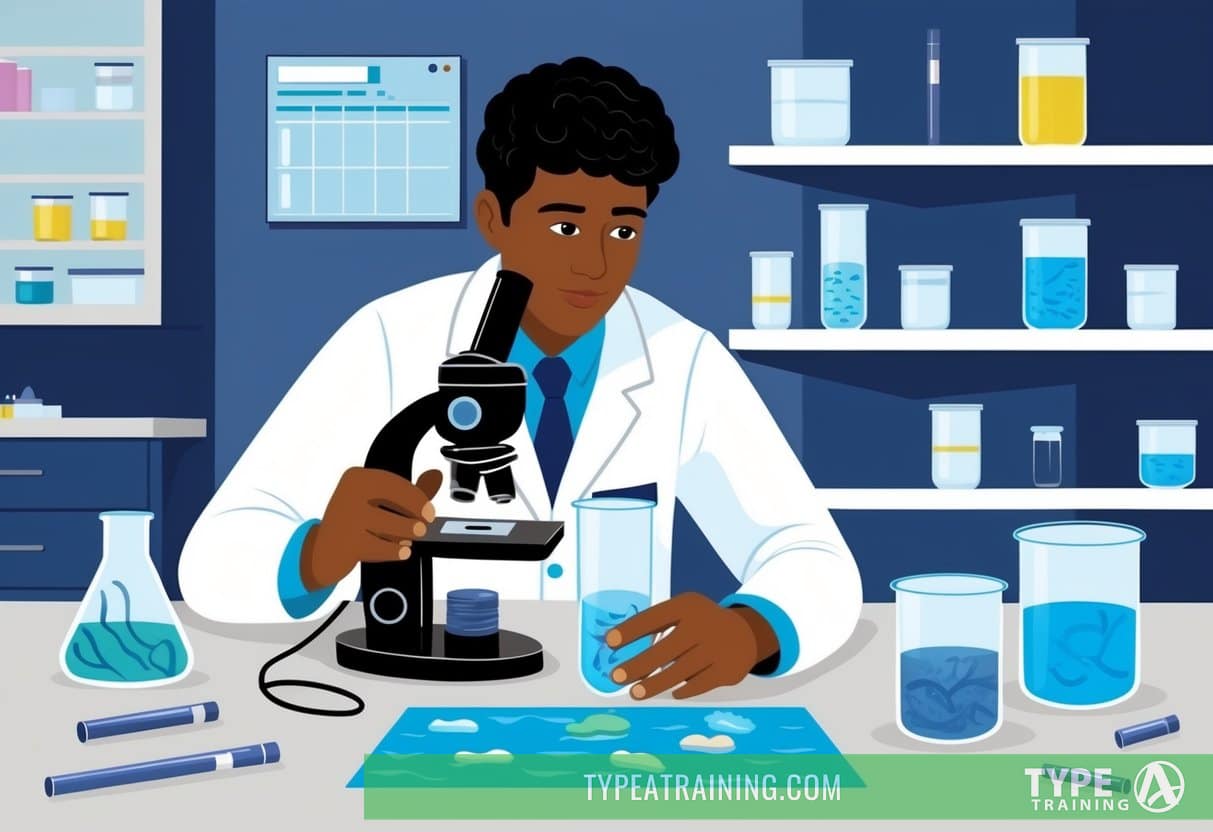 A scientist in a lab, using a microscope to examine water samples for microplastics. Various scientific equipment and containers are scattered around the workspace