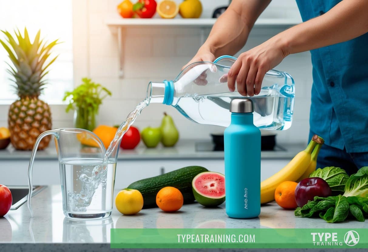 A person pouring filtered water from a pitcher into a reusable bottle, surrounded by various fruits and vegetables on a kitchen counter