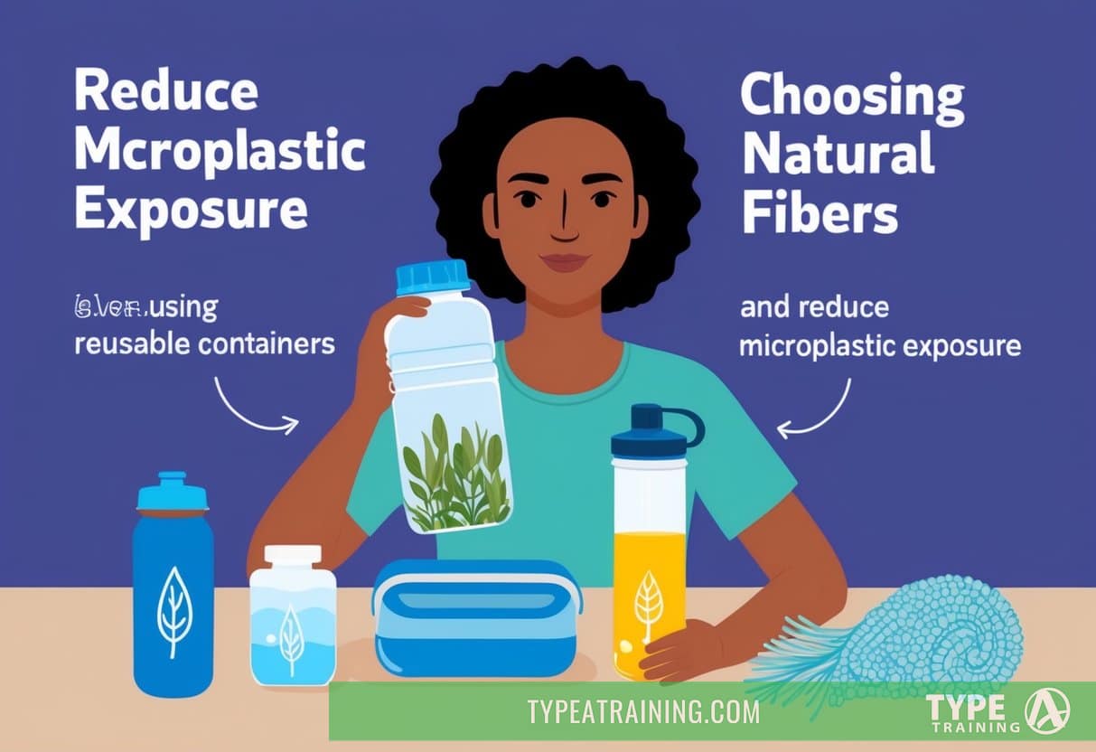 A person using reusable containers, filtering water, and choosing natural fibers to reduce microplastic exposure