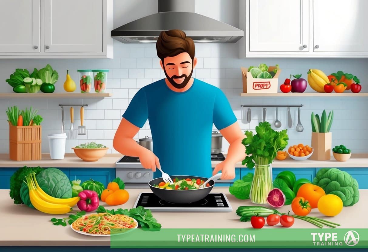 A person cooking a healthy meal in a kitchen, surrounded by fresh fruits and vegetables, while avoiding takeout and fast food packaging