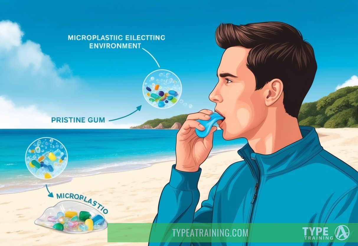 A person spitting out chewing gum near a pristine beach, with microplastics highlighted in the surrounding environment
