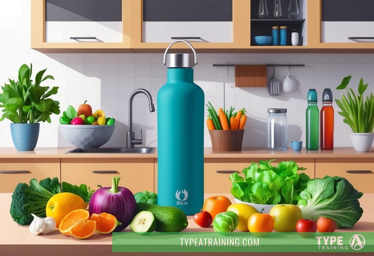 A kitchen counter with a variety of food and drink items, including fruits, vegetables, and a reusable water bottle