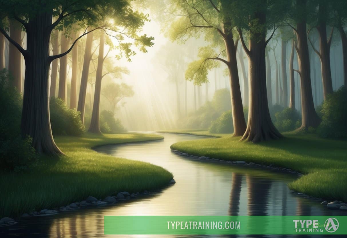 A serene forest with a winding river, sunlight streaming through the trees, and a calm, still atmosphere