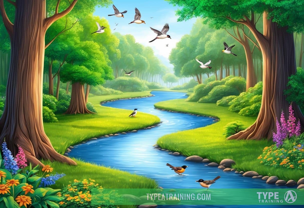 A serene forest with a winding river, surrounded by vibrant greenery and colorful flowers, with birds flying and chirping overhead