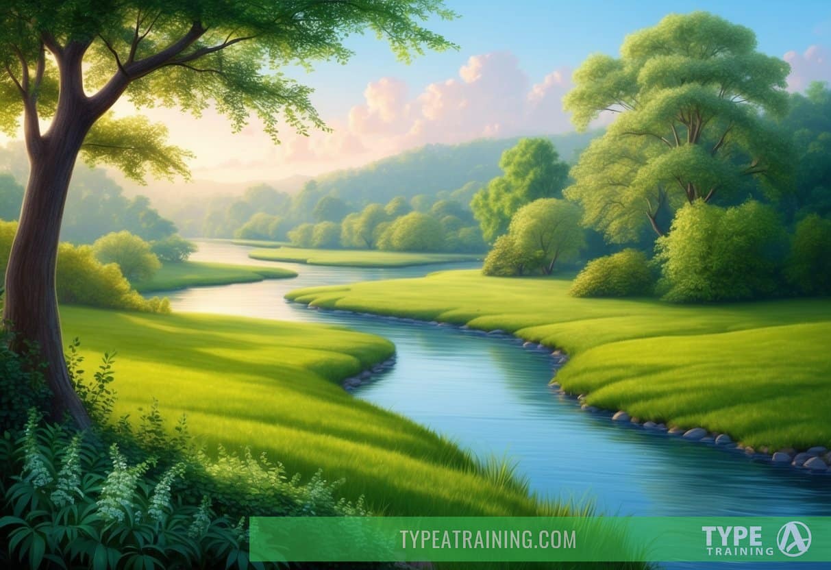 A serene landscape with a winding river and lush greenery, with a sense of calm and tranquility emanating from the surroundings