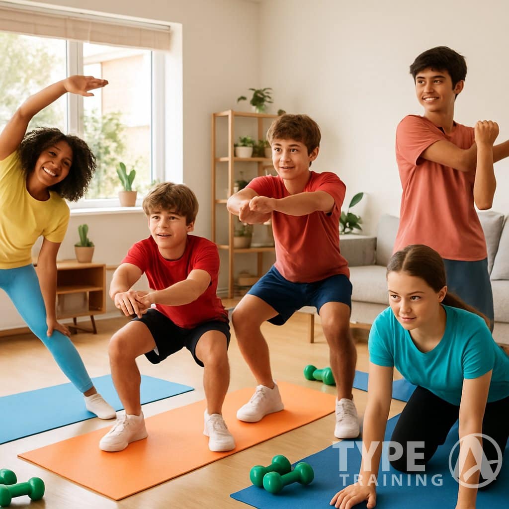 Teenagers exercising together in a bright living room using yoga mats and dumbbells.