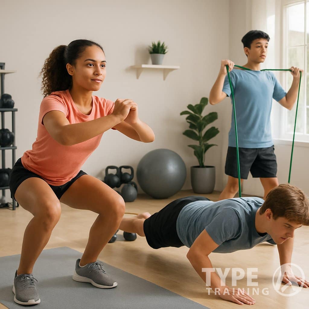 Teenagers exercising together in a bright home gym, performing bodyweight exercises and using resistance bands.