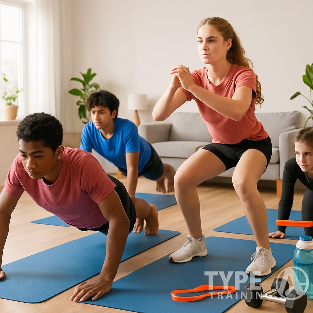 A group of teenagers exercising together in a bright living room using workout mats and equipment.