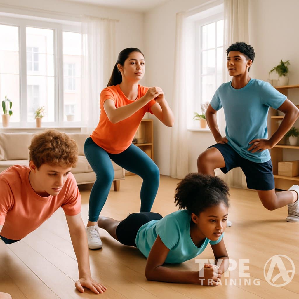 A group of teenagers exercising with bodyweight moves in a bright home living room.