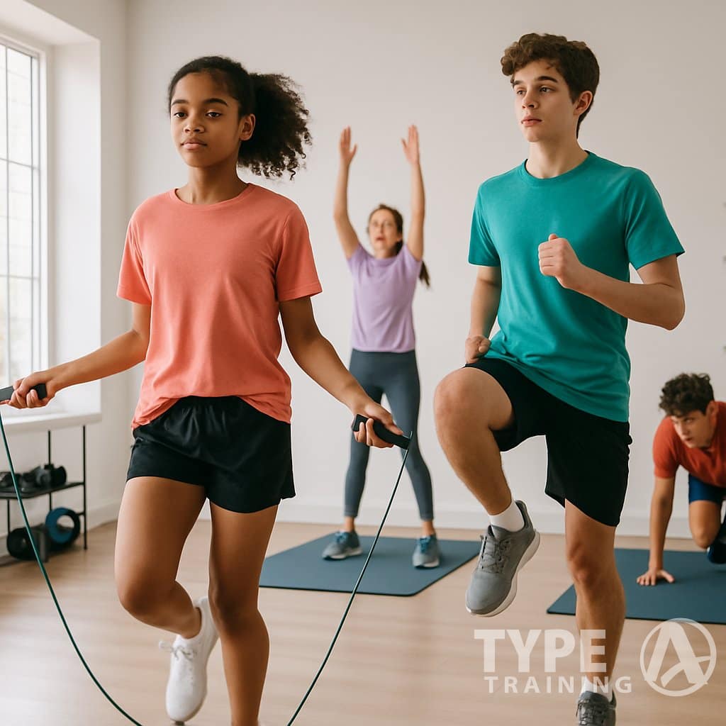 A group of teenagers exercising together at home, doing jumping rope, high knees, and jumping jacks in a bright room.