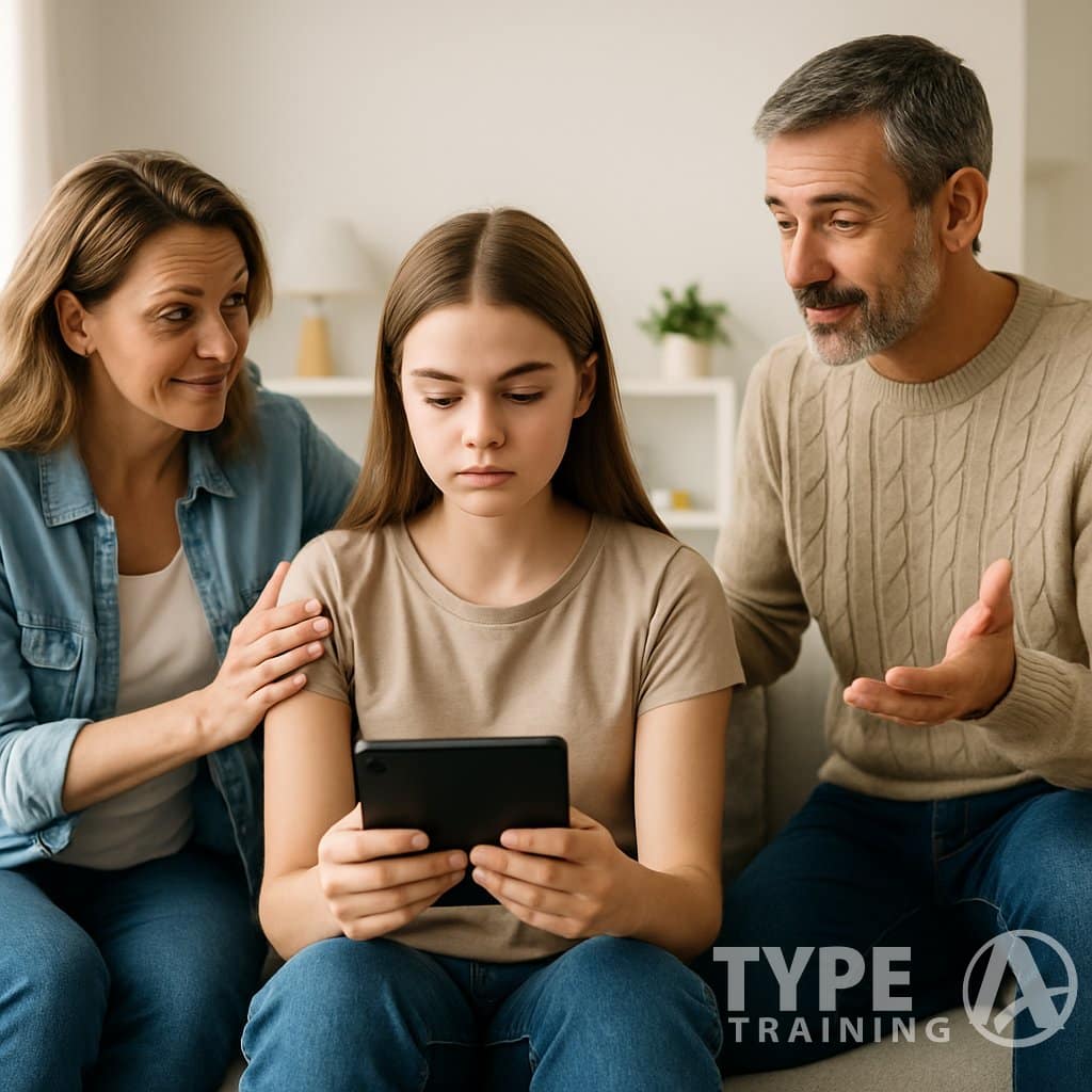 A teenage girl sitting on a couch with a tablet while her parents talk to her supportively in a bright living room with exercise items visible nearby.
