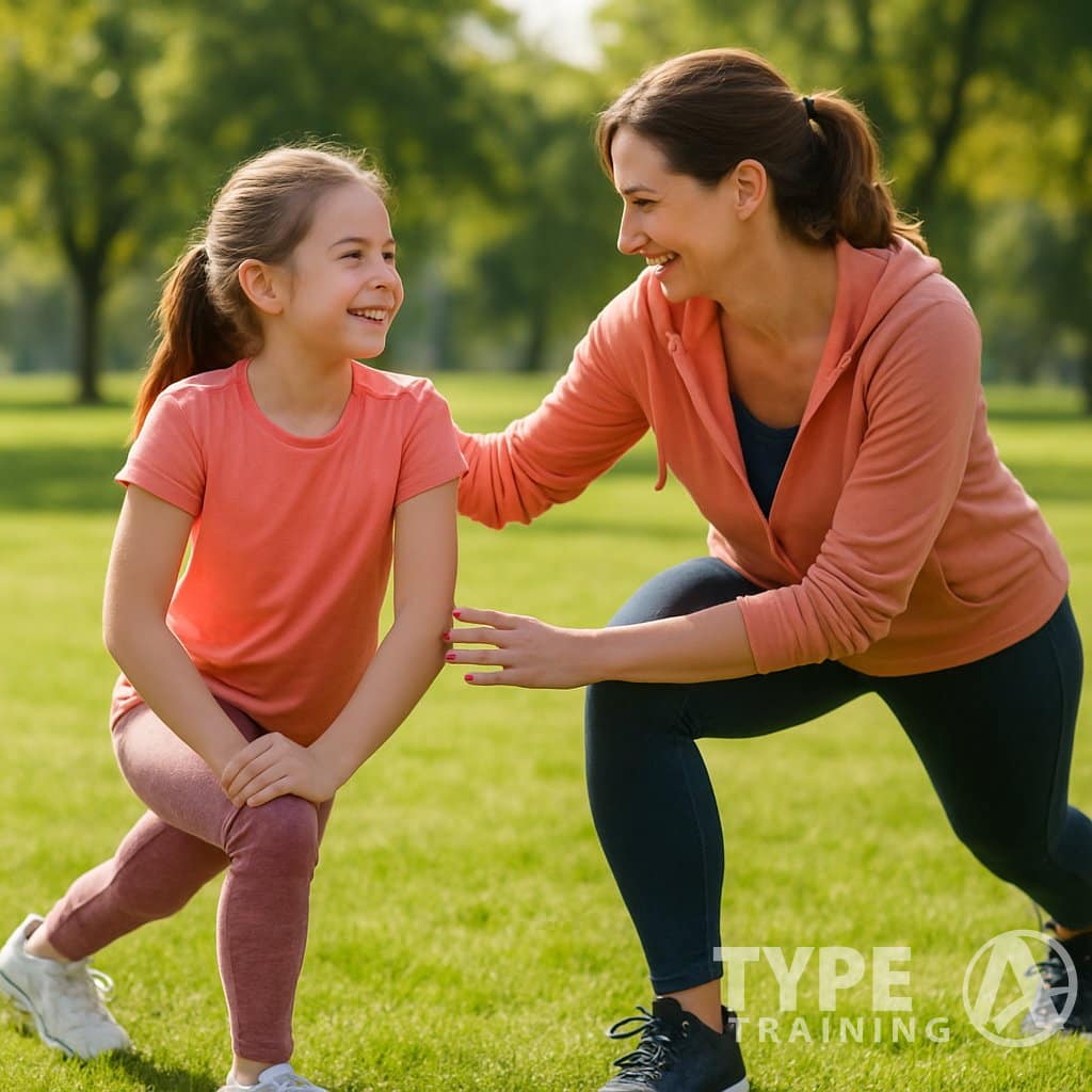 A mother and her young daughter exercising together outdoors in a sunny park, smiling and enjoying physical activity.