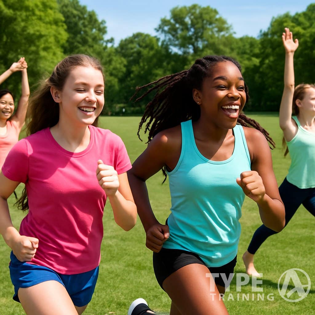 A group of teenage girls exercising outdoors in a park, running, stretching, and doing yoga on a sunny day.
