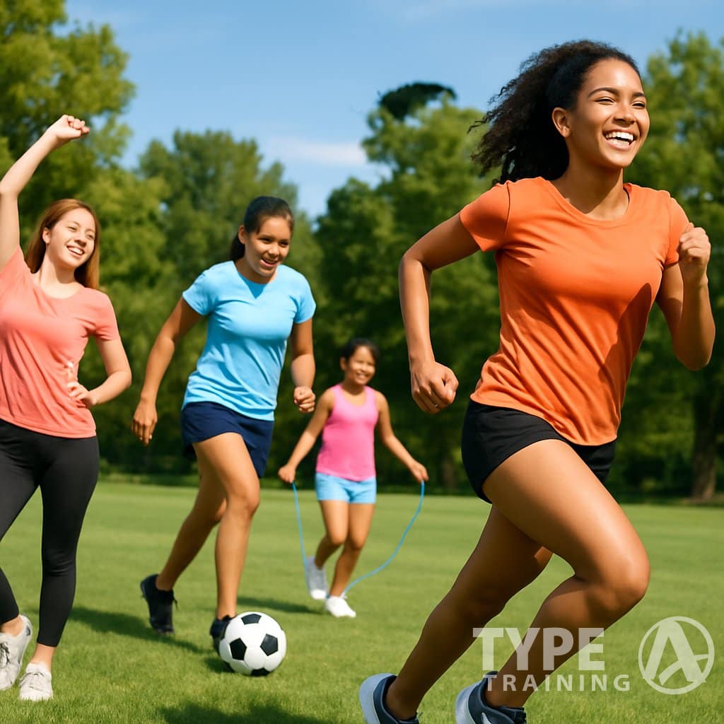 A group of teenage girls exercising and playing sports outdoors in a sunny park.