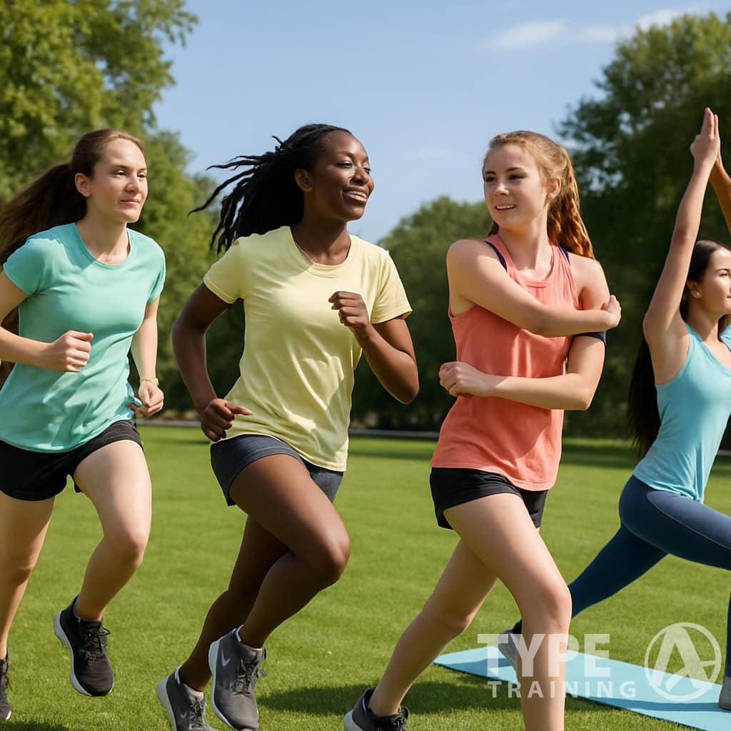A group of teenage girls exercising outdoors in a park, running, stretching, and doing yoga on a grassy field.