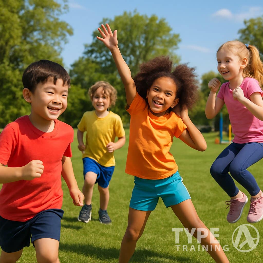 Children exercising and playing outdoors on a sunny day in a park.