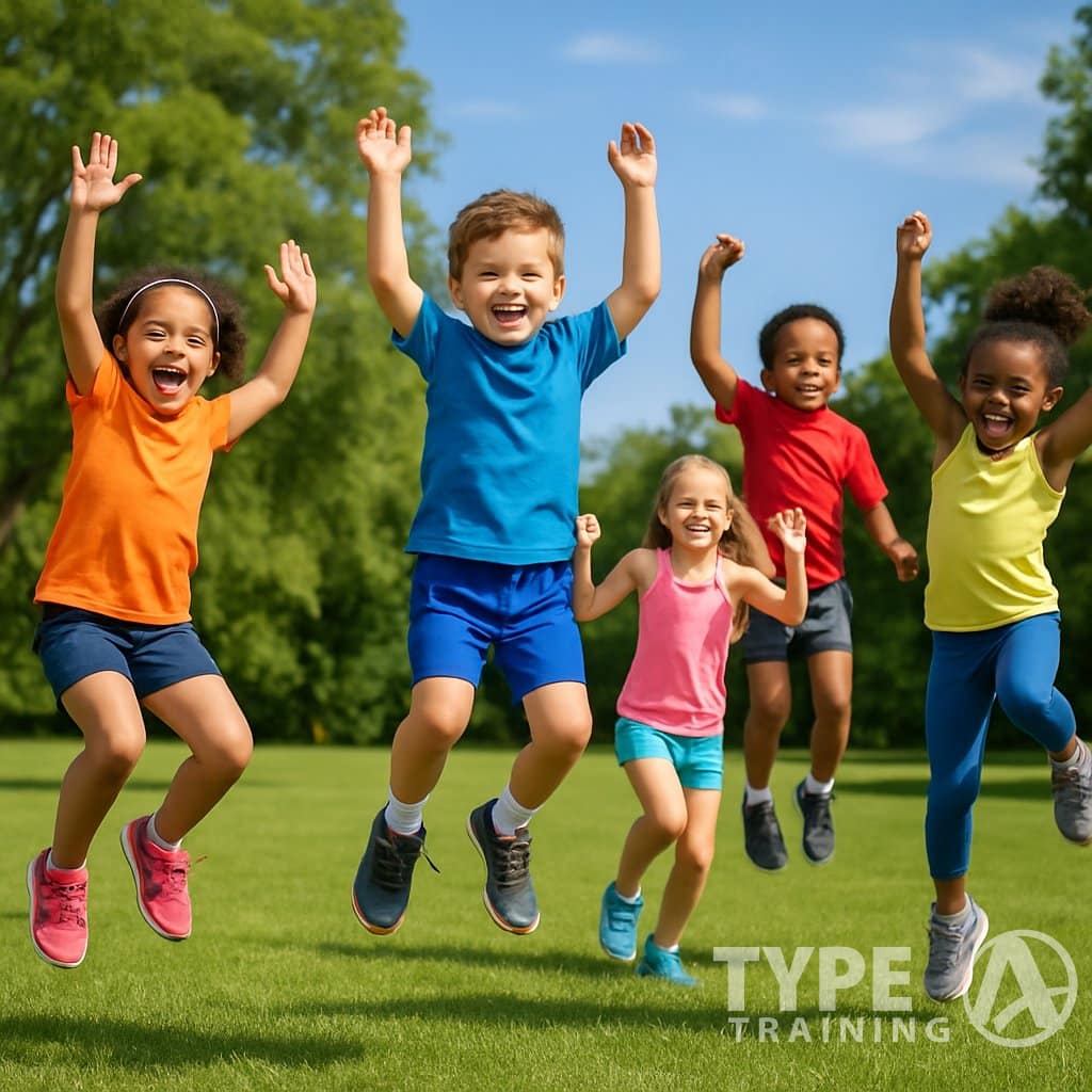A group of children jumping energetically outdoors in a sunny park.