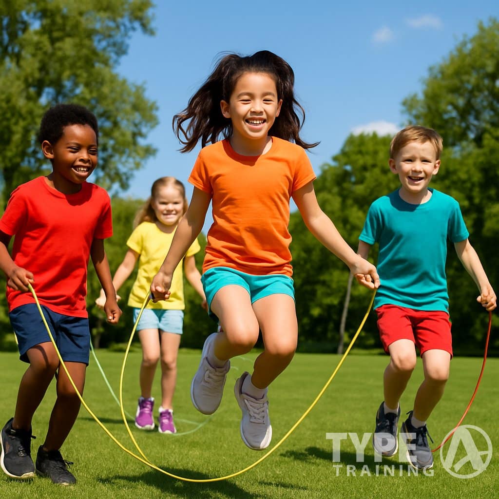 Children happily skipping rope together outdoors on a sunny day in a park.