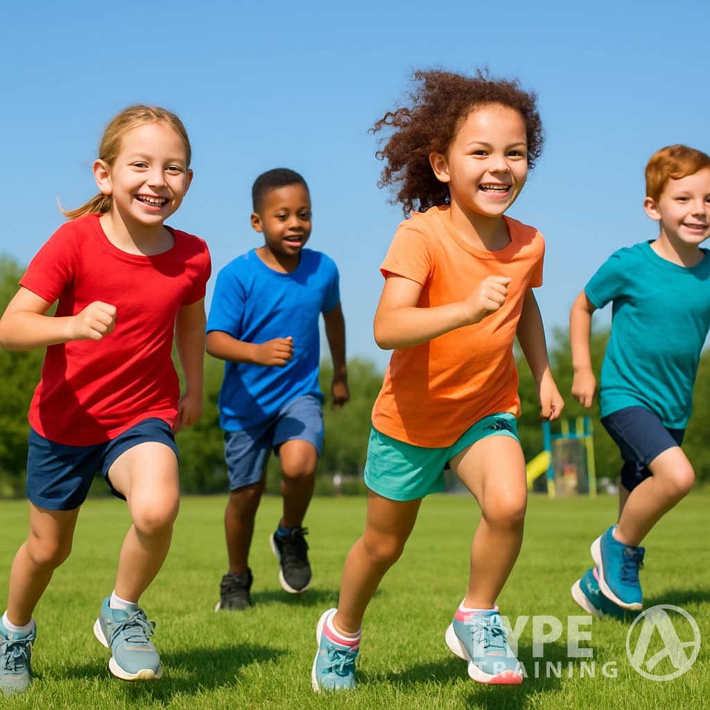 A group of children running and exercising outdoors on a sunny day in a green park.