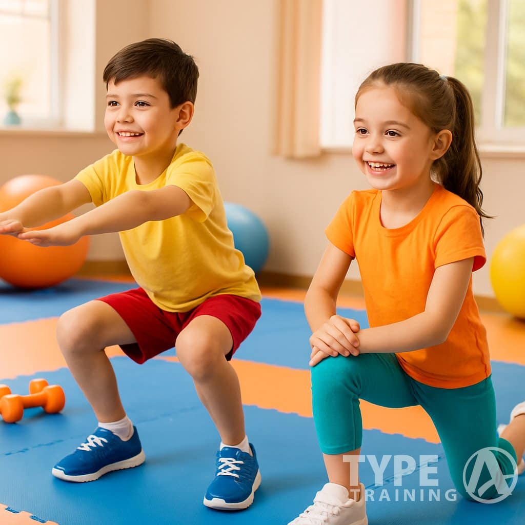 Two children exercising indoors, one doing squats and the other lunges, smiling and active.