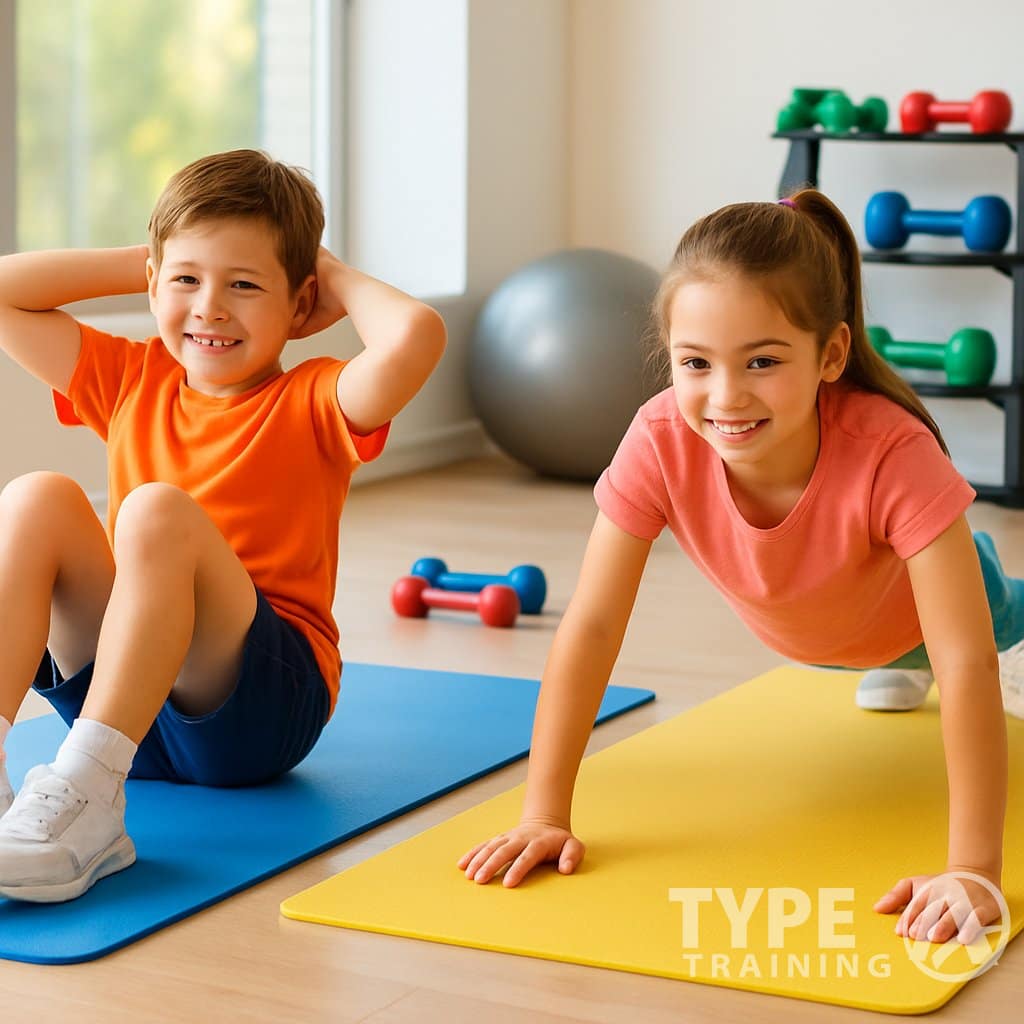 Two children exercising indoors, one doing sit-ups and the other doing push-ups on yoga mats.