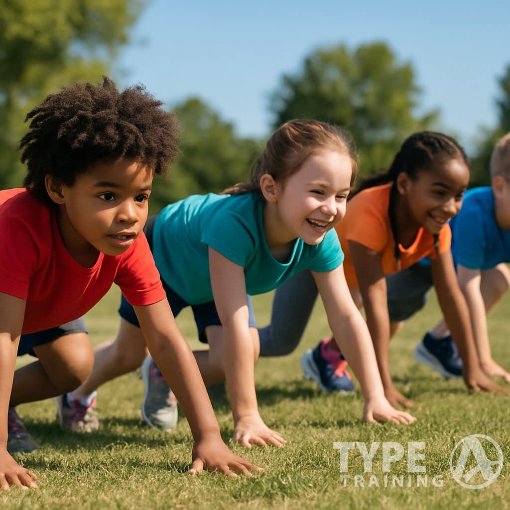 Children crawling on hands and feet outdoors during exercise on a grassy field.