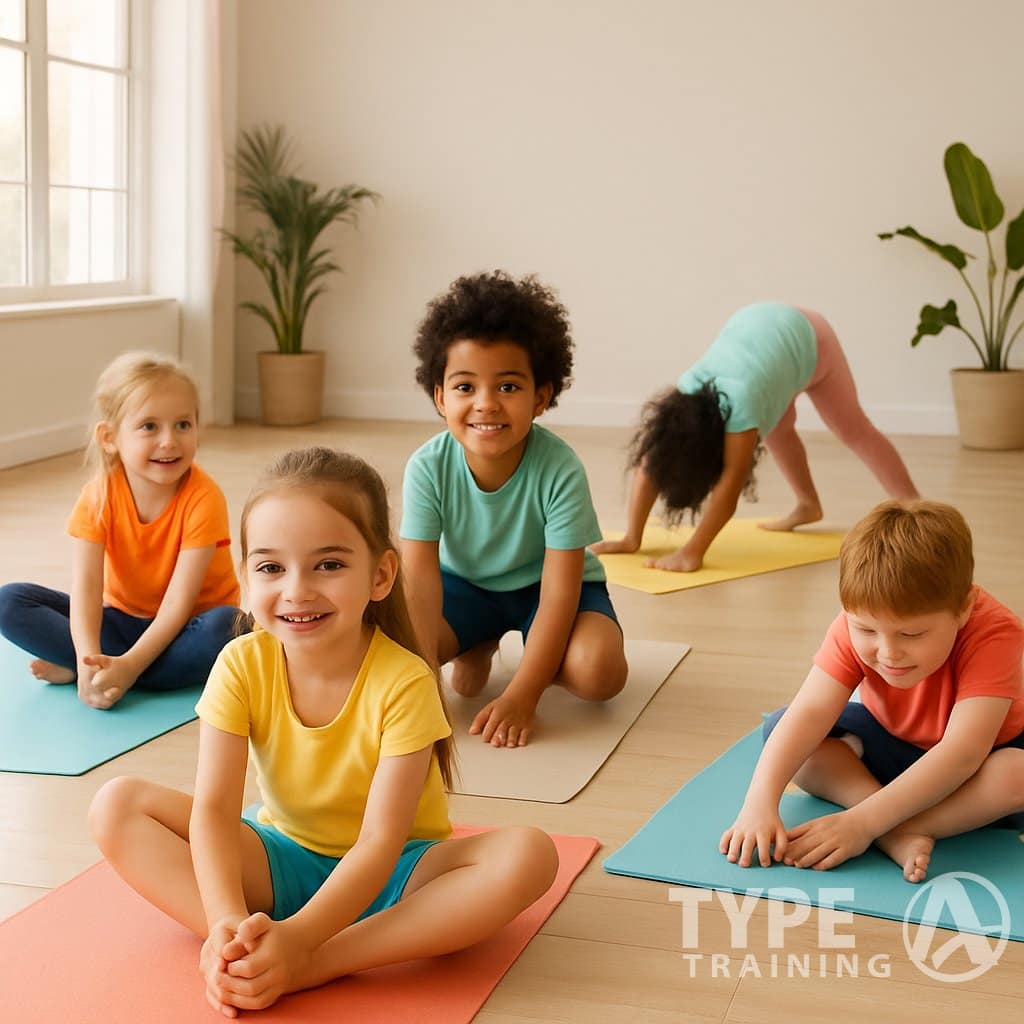 A group of young children doing yoga and stretching exercises on mats in a bright indoor studio.