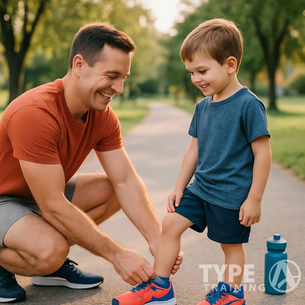 A parent helping their child put on running shoes outdoors near a running path surrounded by grass and trees.