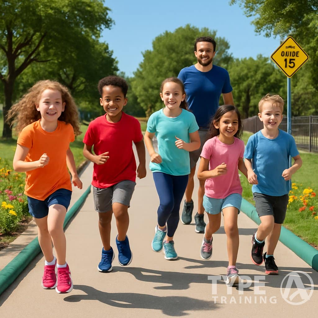 Children running on a park path with a parent walking beside them in a safe outdoor environment.