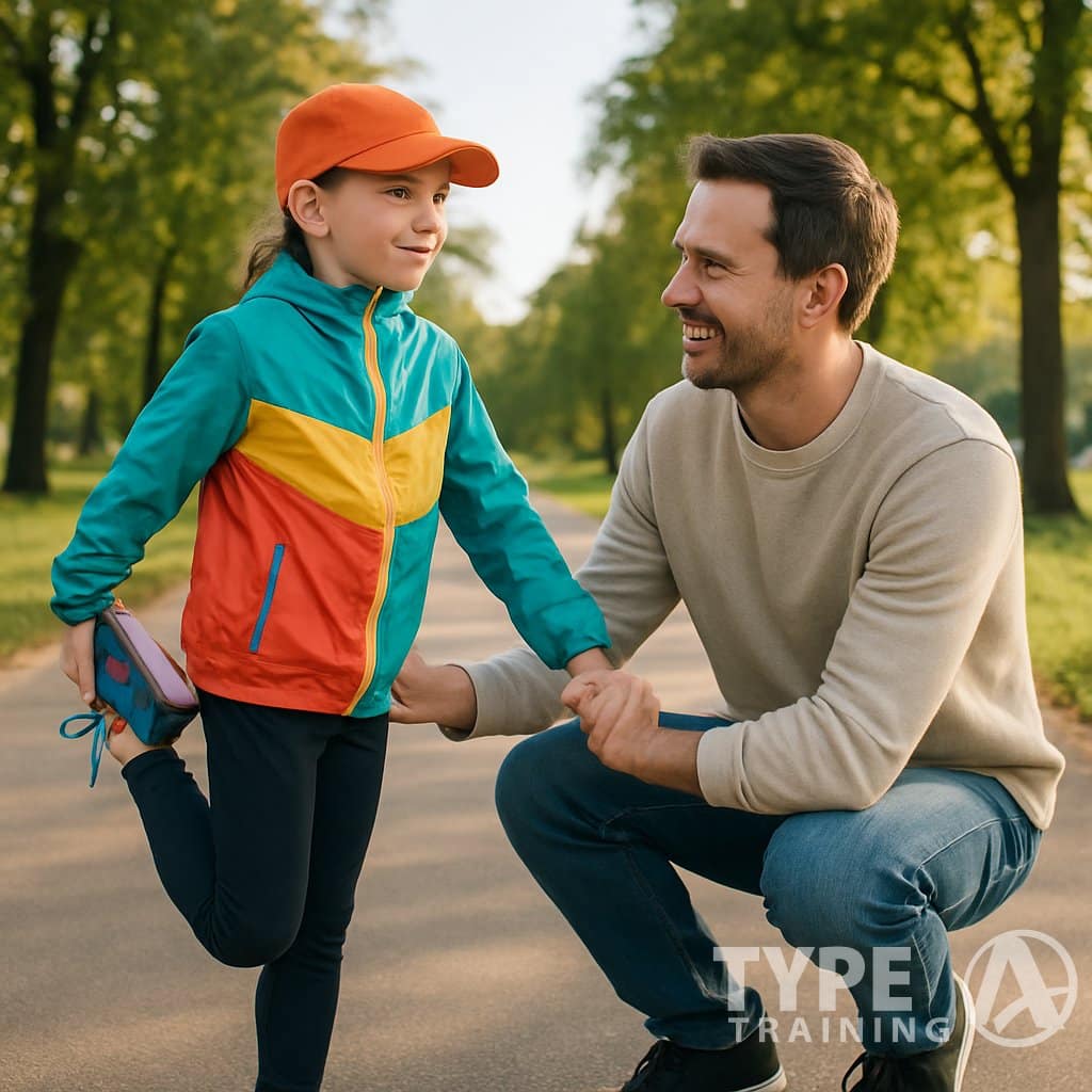 A young child stretching their legs on a running path with a parent helping in a sunny park setting.