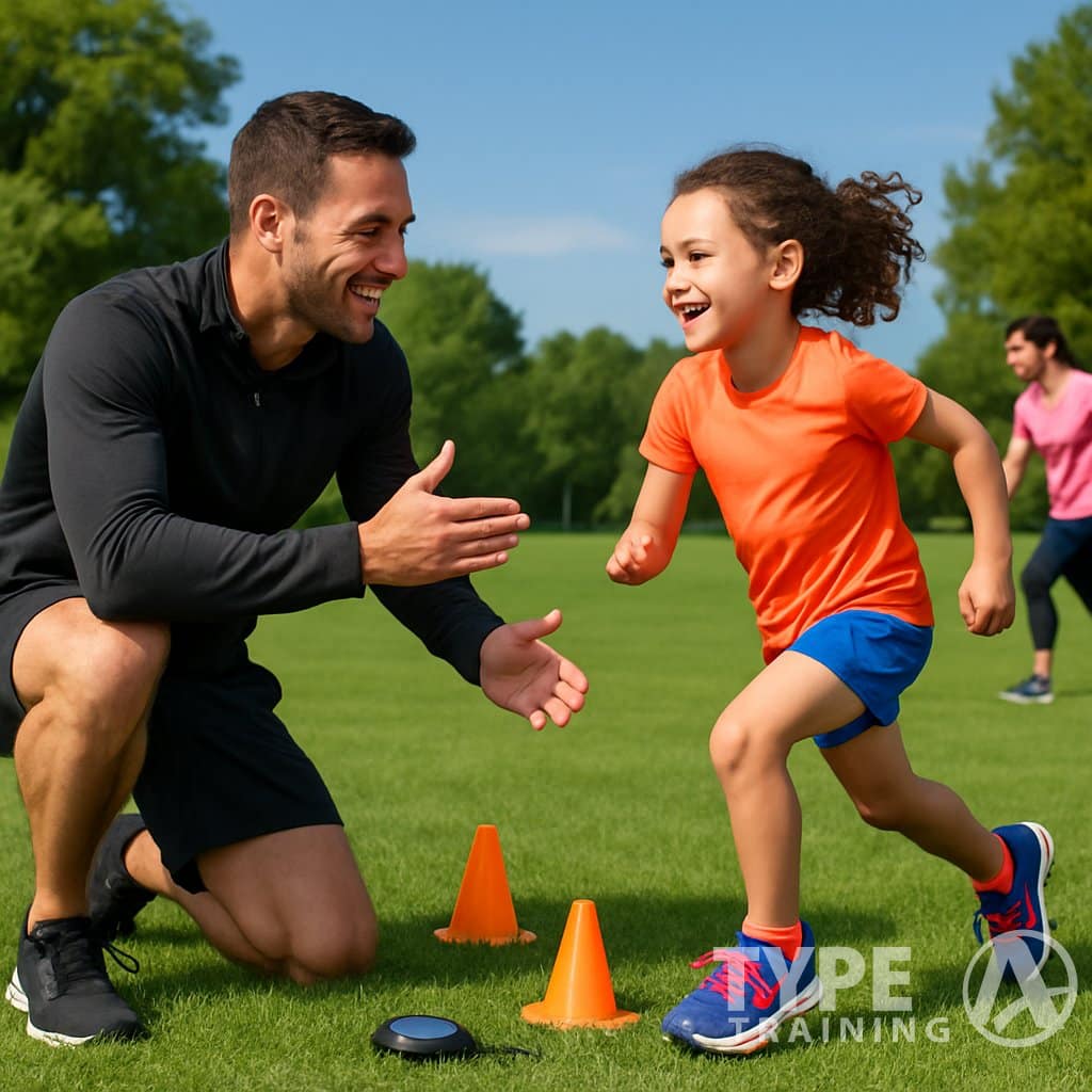A parent encouraging a child running in a park with other families exercising nearby.
