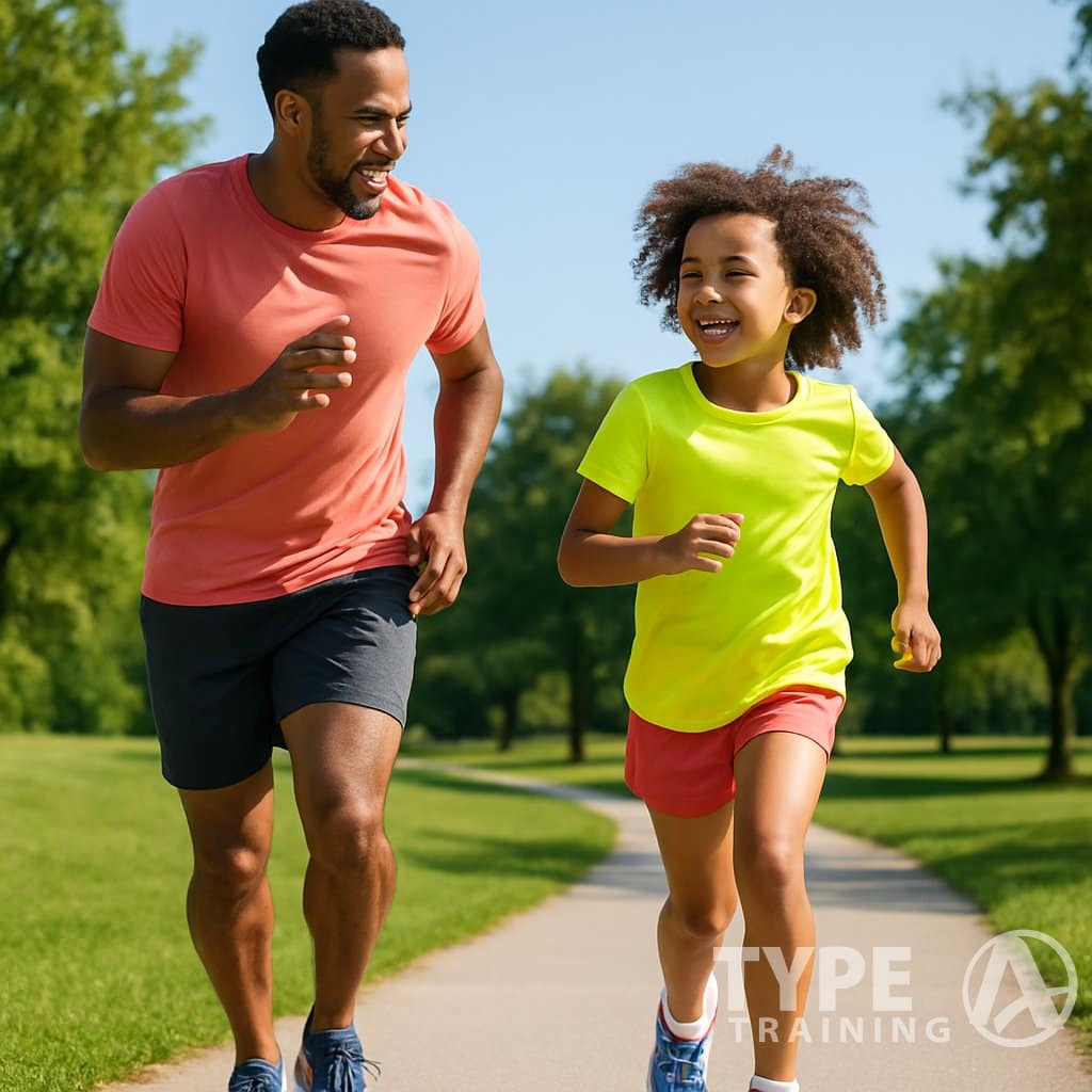 A parent and child running together on a path in a sunny park.