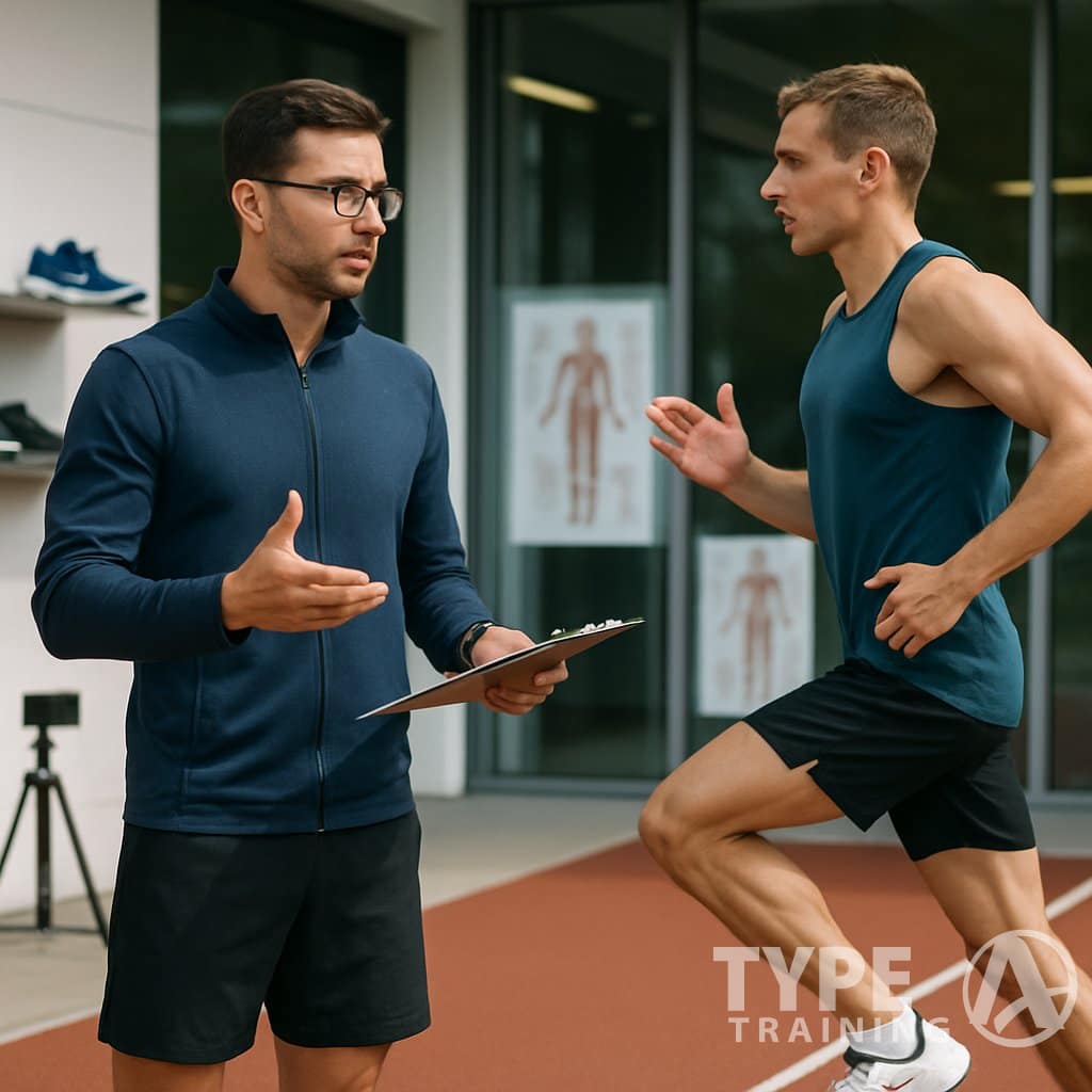 A biomechanics expert demonstrating running form to an athletic runner on a track.