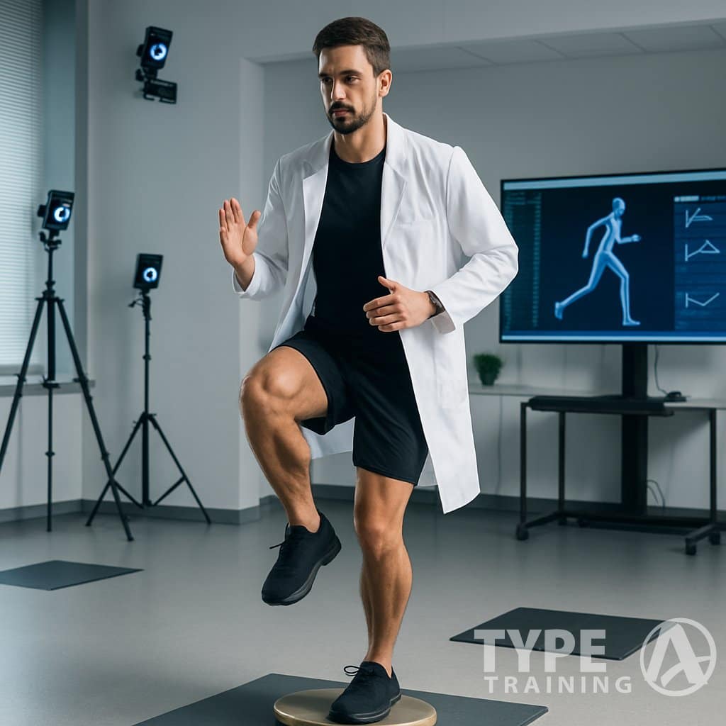 A biomechanics expert balancing on one leg on a balance board in a sports science lab with running analysis equipment around.