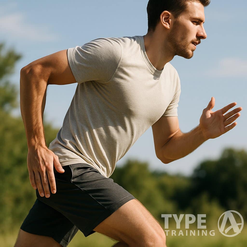 A male runner outdoors leaning slightly forward from the torso while running.