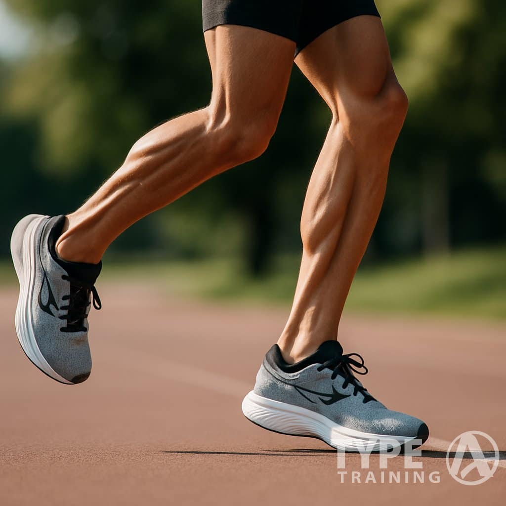 Close-up of a runner's legs in mid-stride on a running track, wearing cushioned running shoes.
