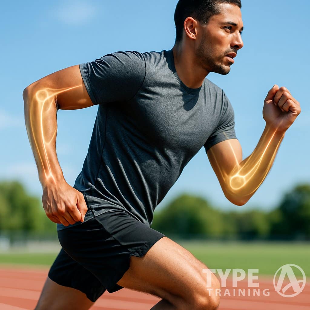 A runner in mid-stride on a track with emphasis on arm movement illustrating shock absorption in the elbow joints.