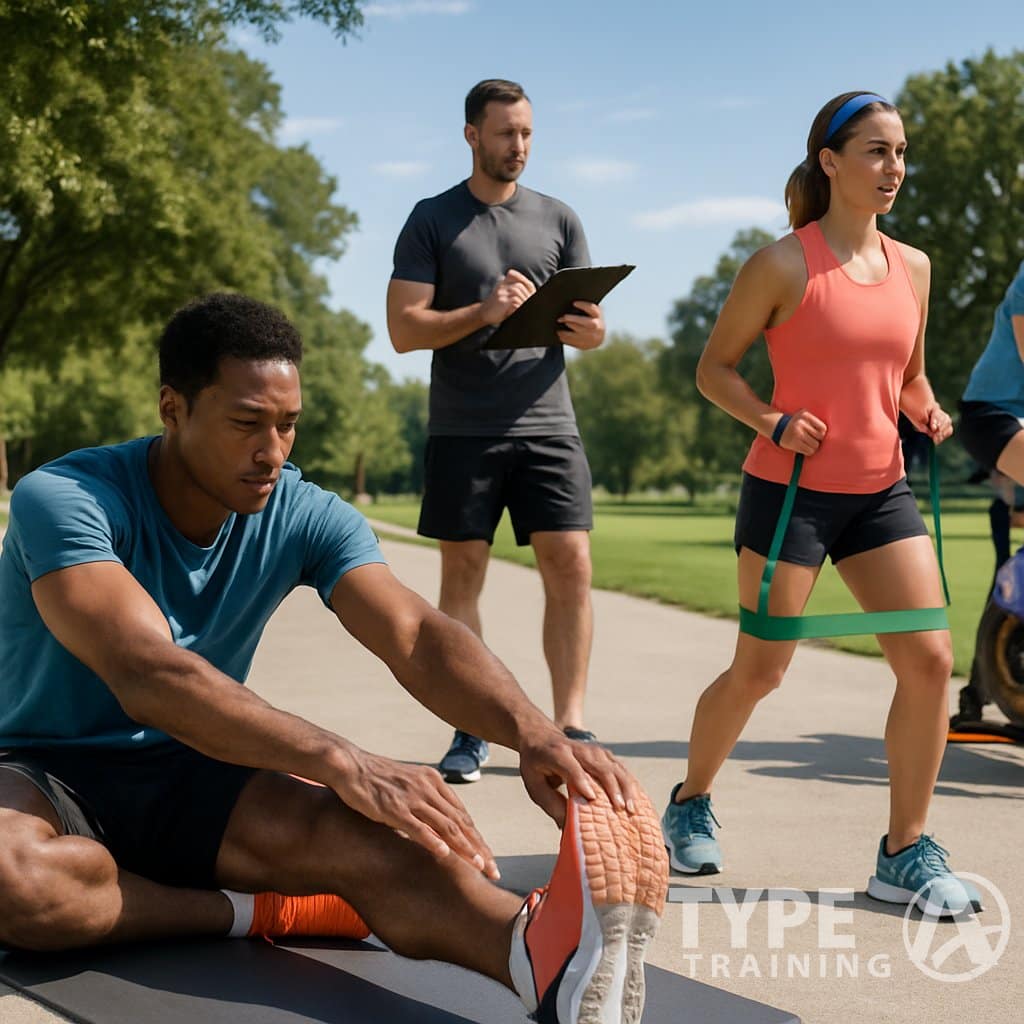 A group of runners doing stretching and resistance exercises outdoors while a coach observes and gives advice.