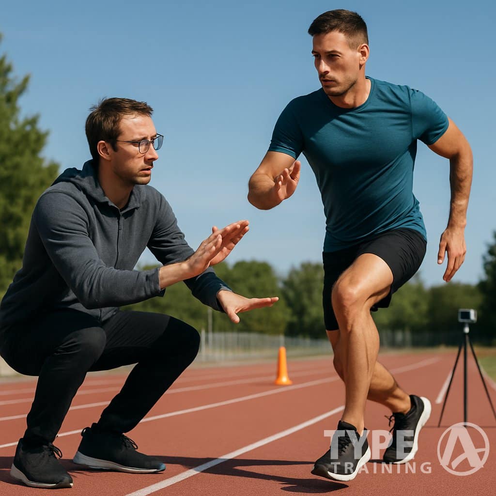 A biomechanics expert coaching a runner on proper running technique outdoors on a track.