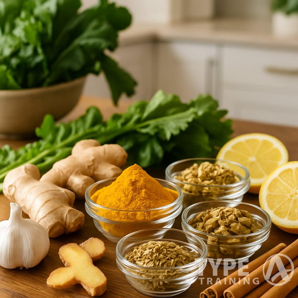 A wooden table with various fresh spices and herbs like turmeric, ginger, cinnamon, fennel, cardamom, and chamomile arranged with fresh vegetables and lemon slices.
