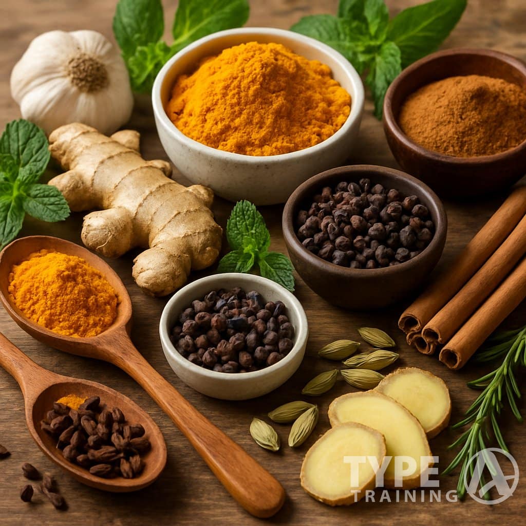 A close-up of various colorful spices and fresh herbs arranged on a wooden surface, including turmeric, ginger, cinnamon, black pepper, and garlic.