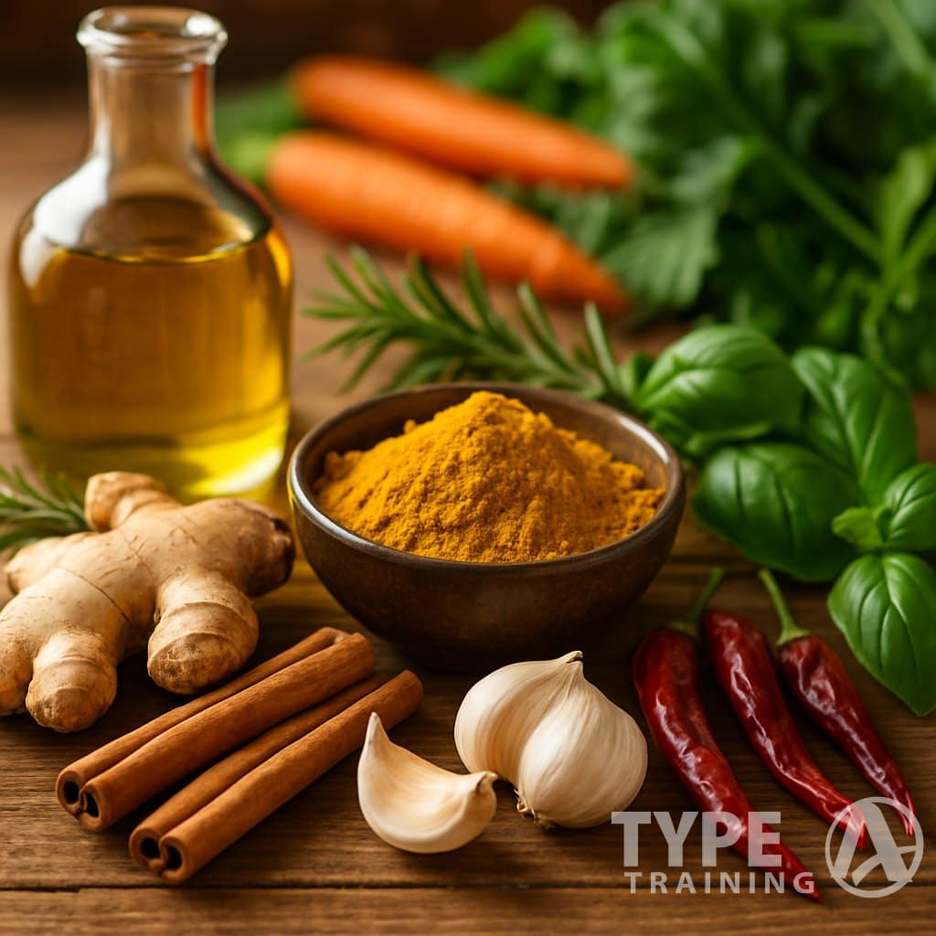 A wooden table with various anti-inflammatory spices including turmeric, ginger, cinnamon, garlic, chili peppers, fresh herbs, and olive oil, surrounded by fresh vegetables.