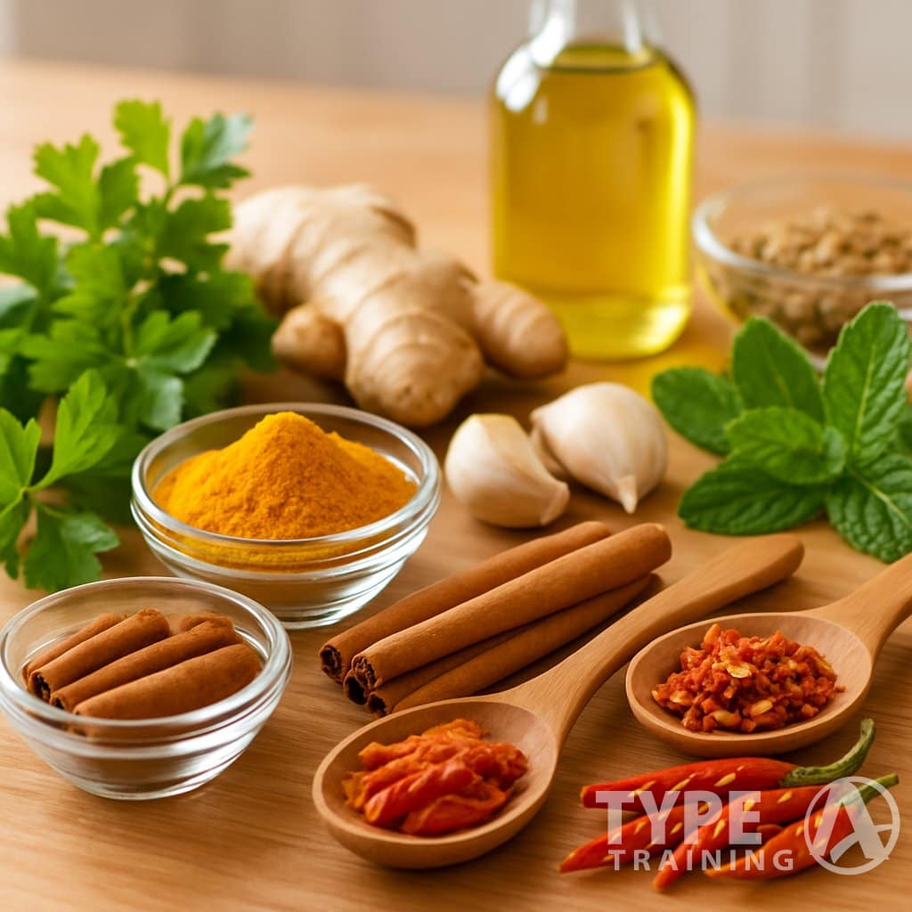 A kitchen countertop with various fresh spices and herbs arranged in bowls and spoons, including turmeric, cinnamon, ginger, garlic, chili peppers, and green herbs, with olive oil and seeds in the background.